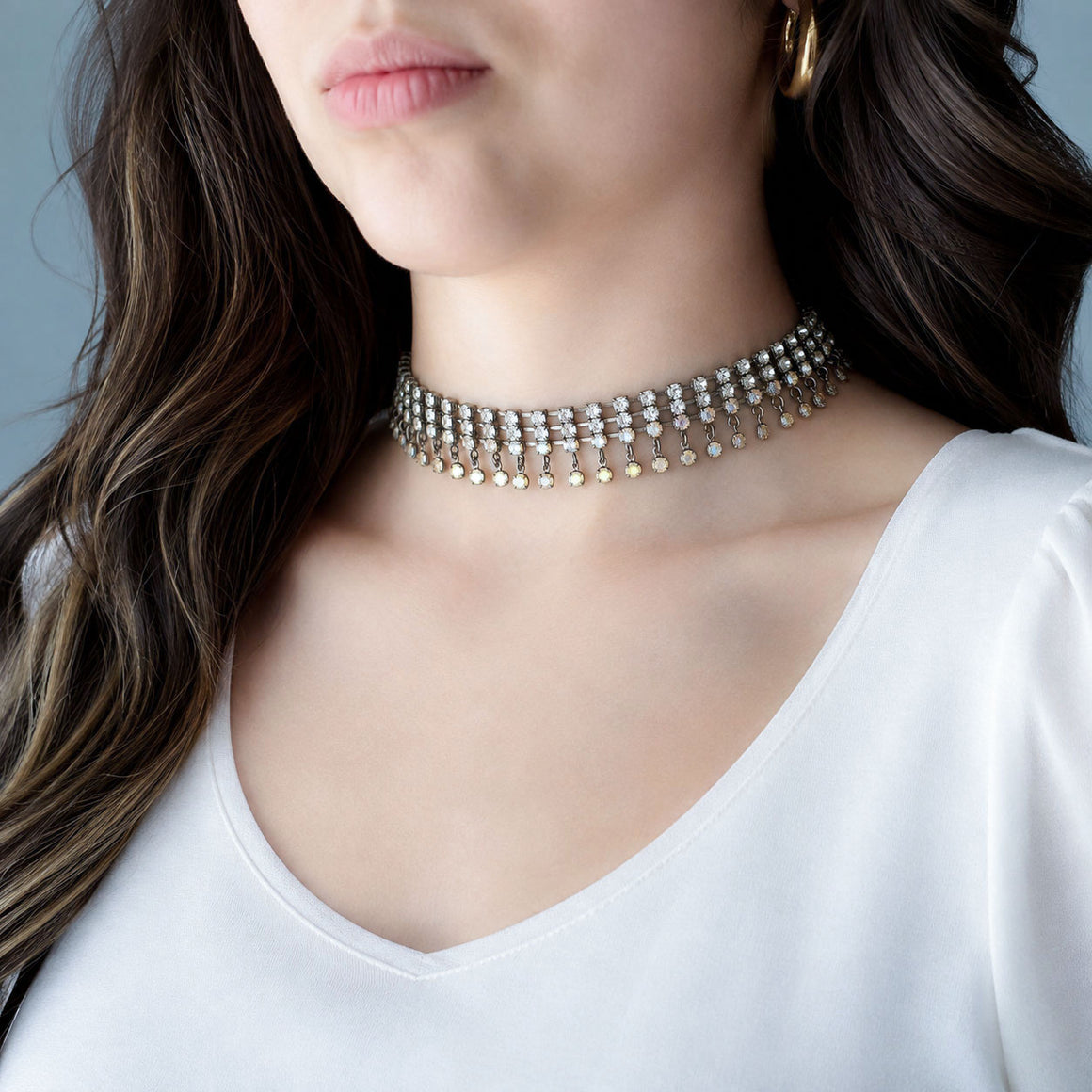 KIKI vintage aurora borealis rhinestone chain choker-GREEN BIJOU
