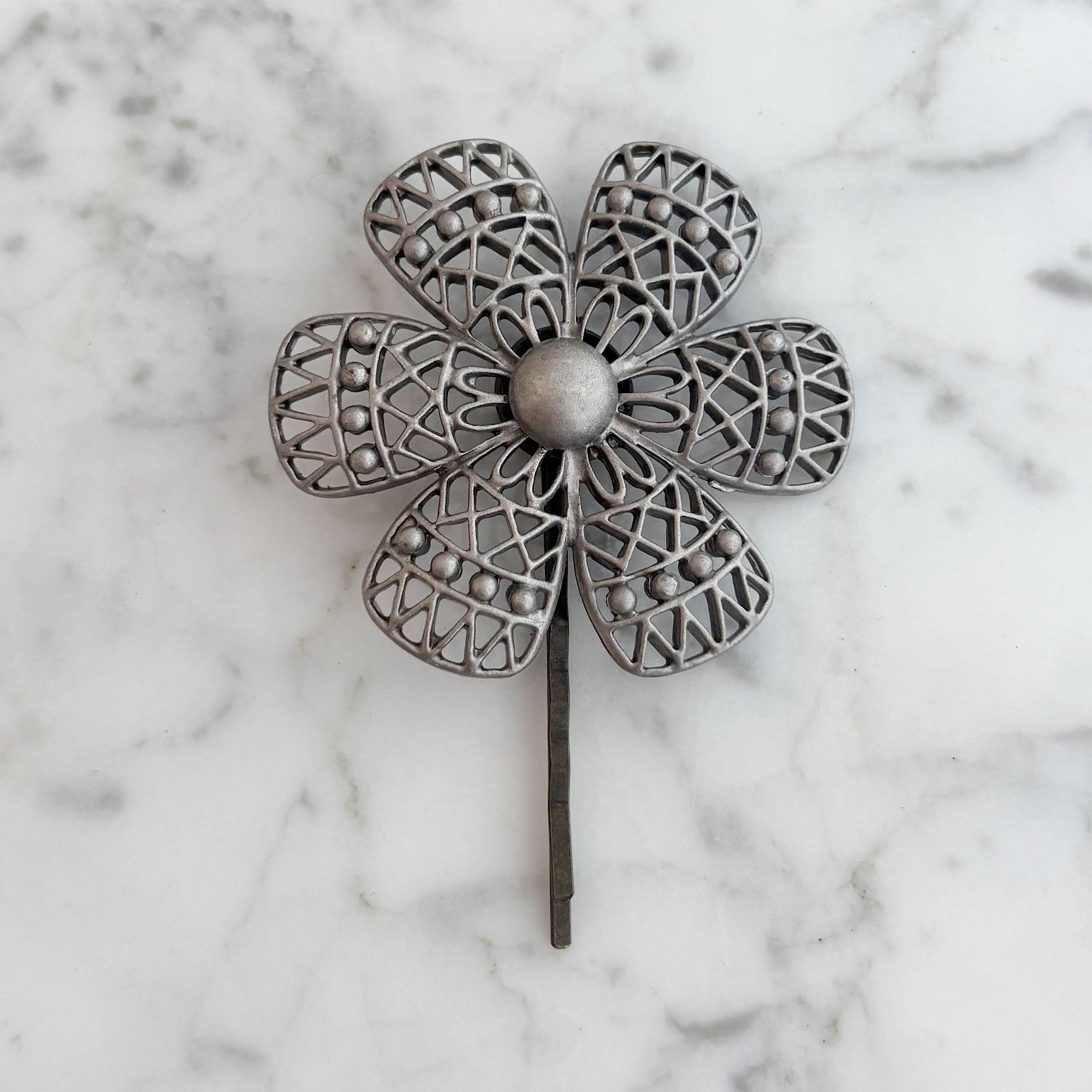 CALHOUN vintage pewter grey floral bobby pin-GREEN BIJOU