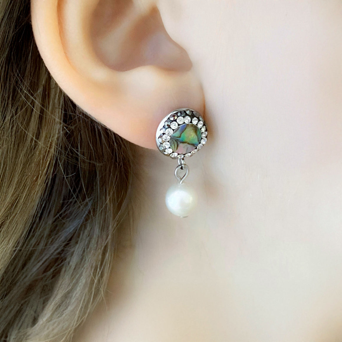CALISTA freshwater pearls & crystal abalone shell drop studs-GREEN BIJOU