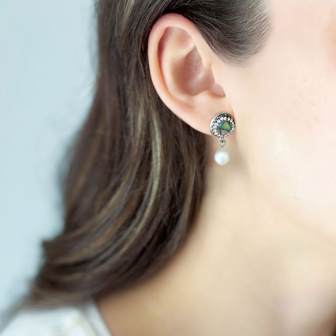 CALISTA freshwater pearls & crystal abalone shell drop studs-GREEN BIJOU