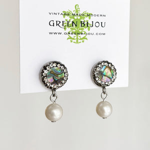 CALISTA freshwater pearls & crystal abalone shell drop studs-GREEN BIJOU