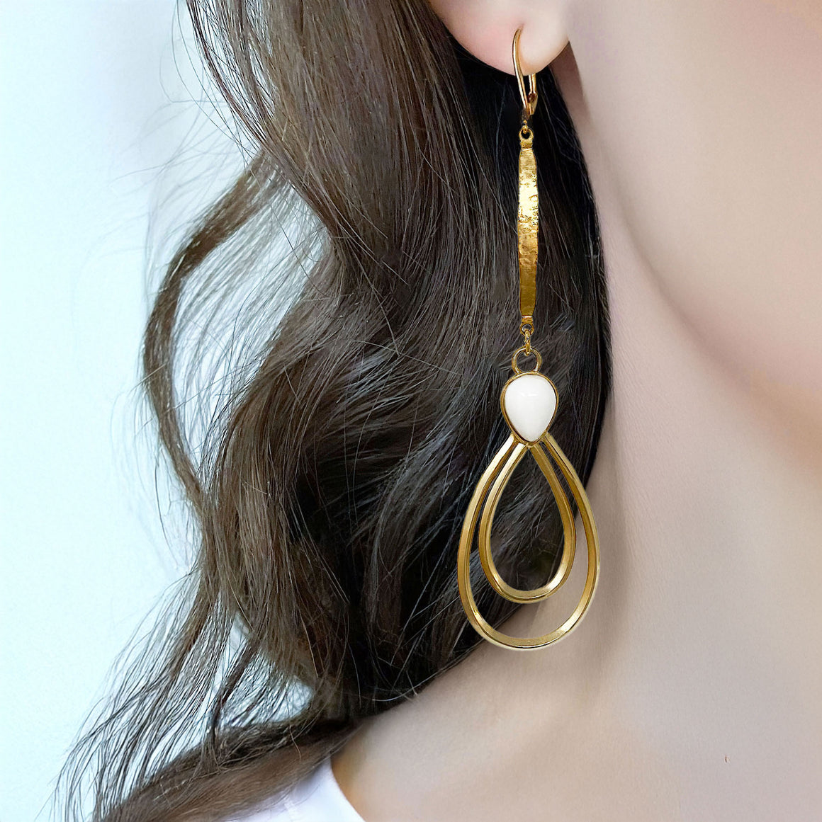 CAMDEN gold and white long teardrop earrings-GREEN BIJOU