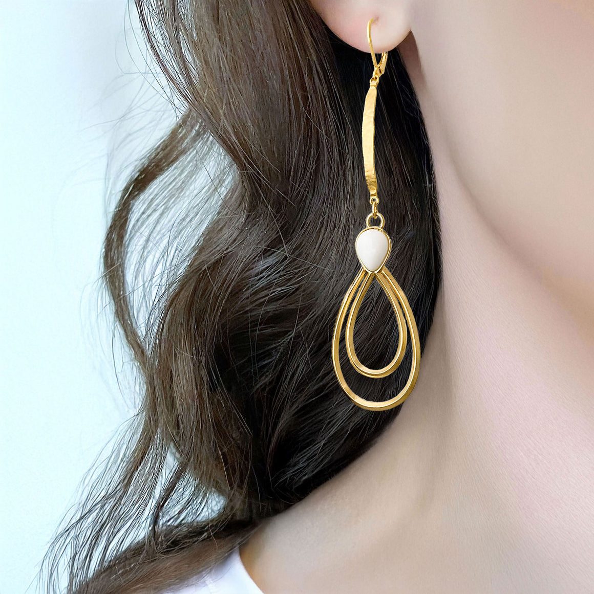 CAMDEN gold and white long teardrop earrings-GREEN BIJOU