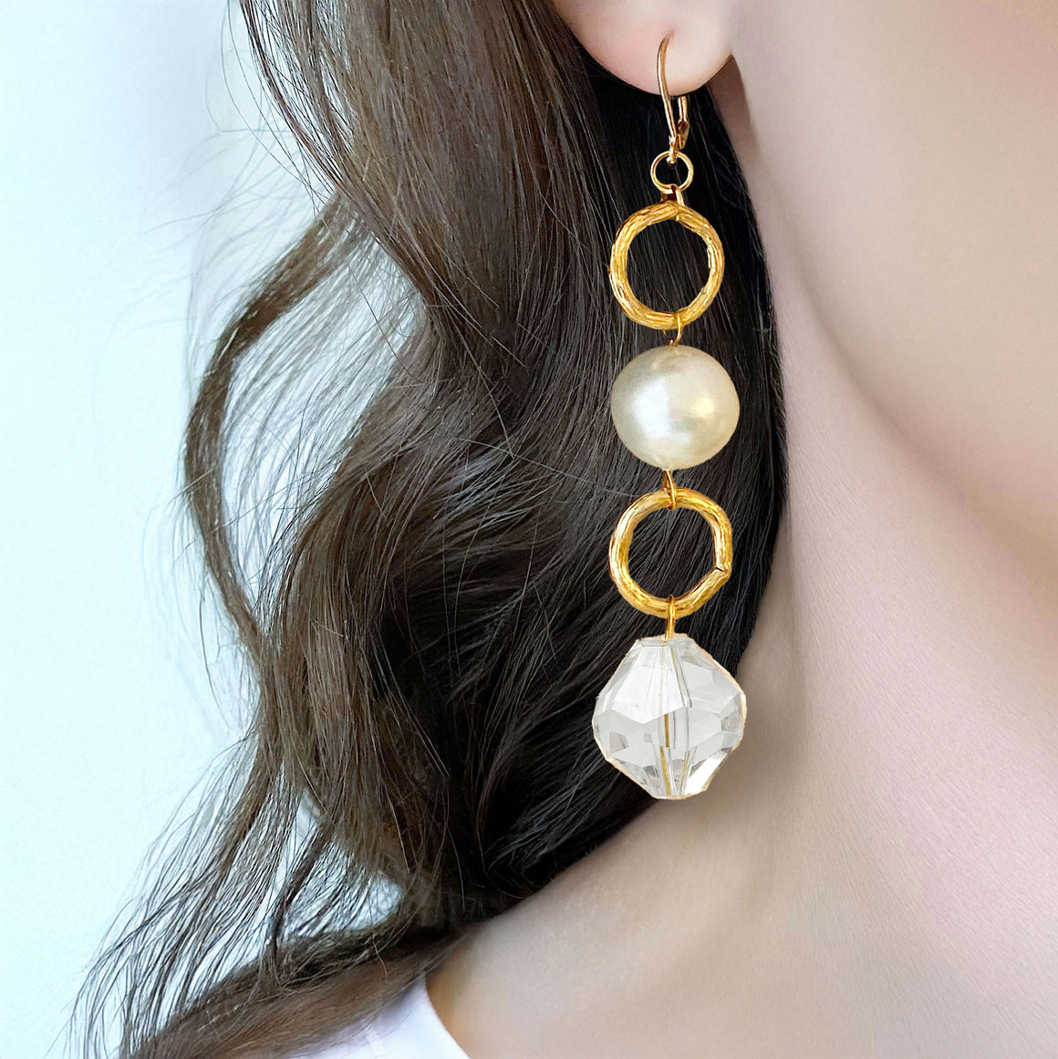 CARALYNN long gold, pearl and crystal earrings-GREEN BIJOU