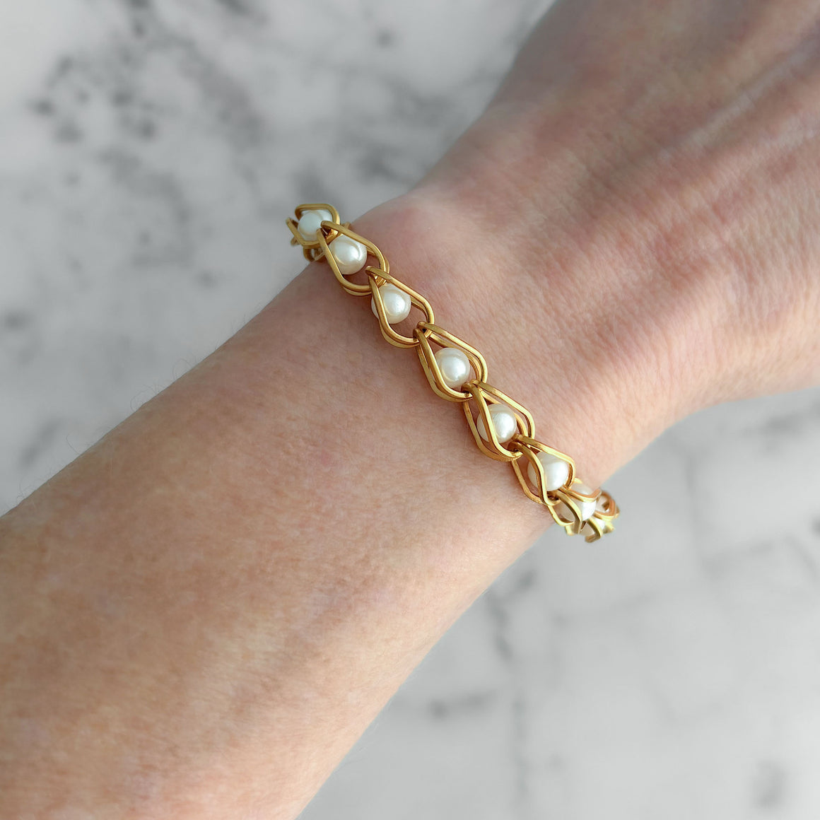 CARLING vintage Napier gold-tone caged pearl link bracelet-GREEN BIJOU