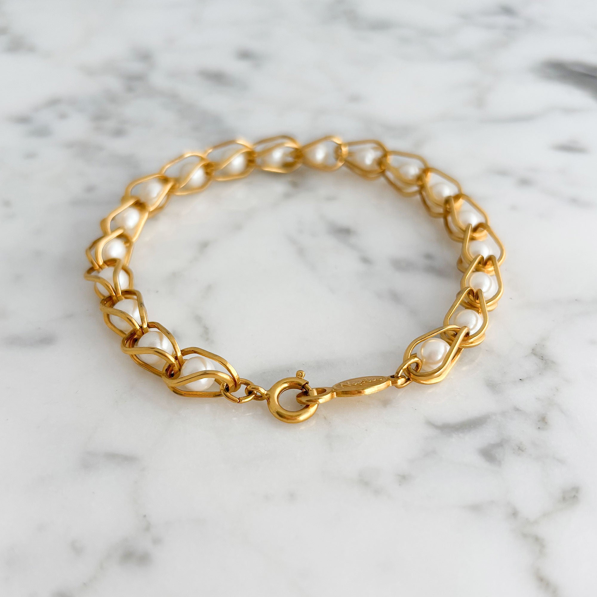 CARLING vintage Napier gold-tone caged pearl link bracelet-GREEN BIJOU
