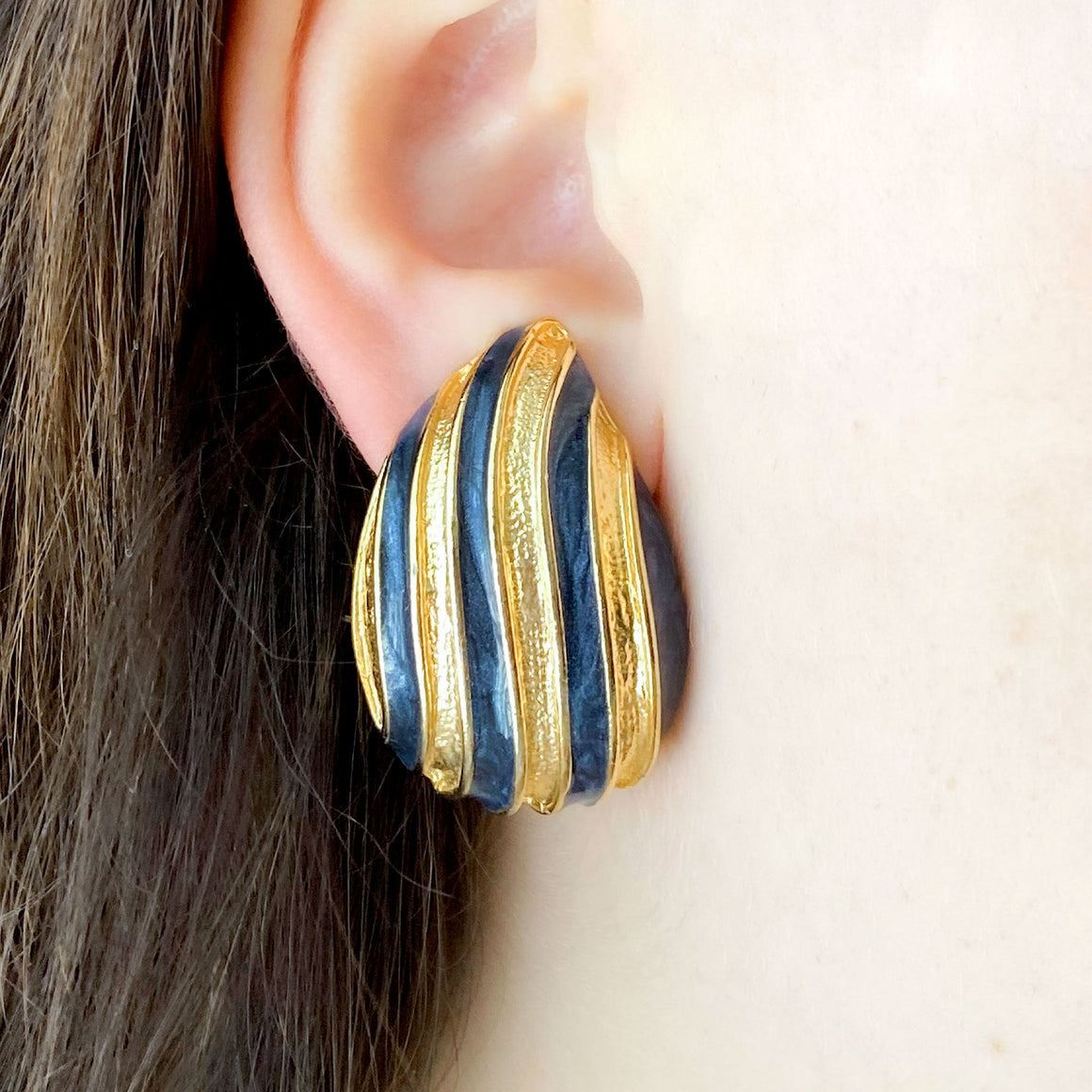 CAROLINE gold and navy striped teardrop clip on earrings-GREEN BIJOU