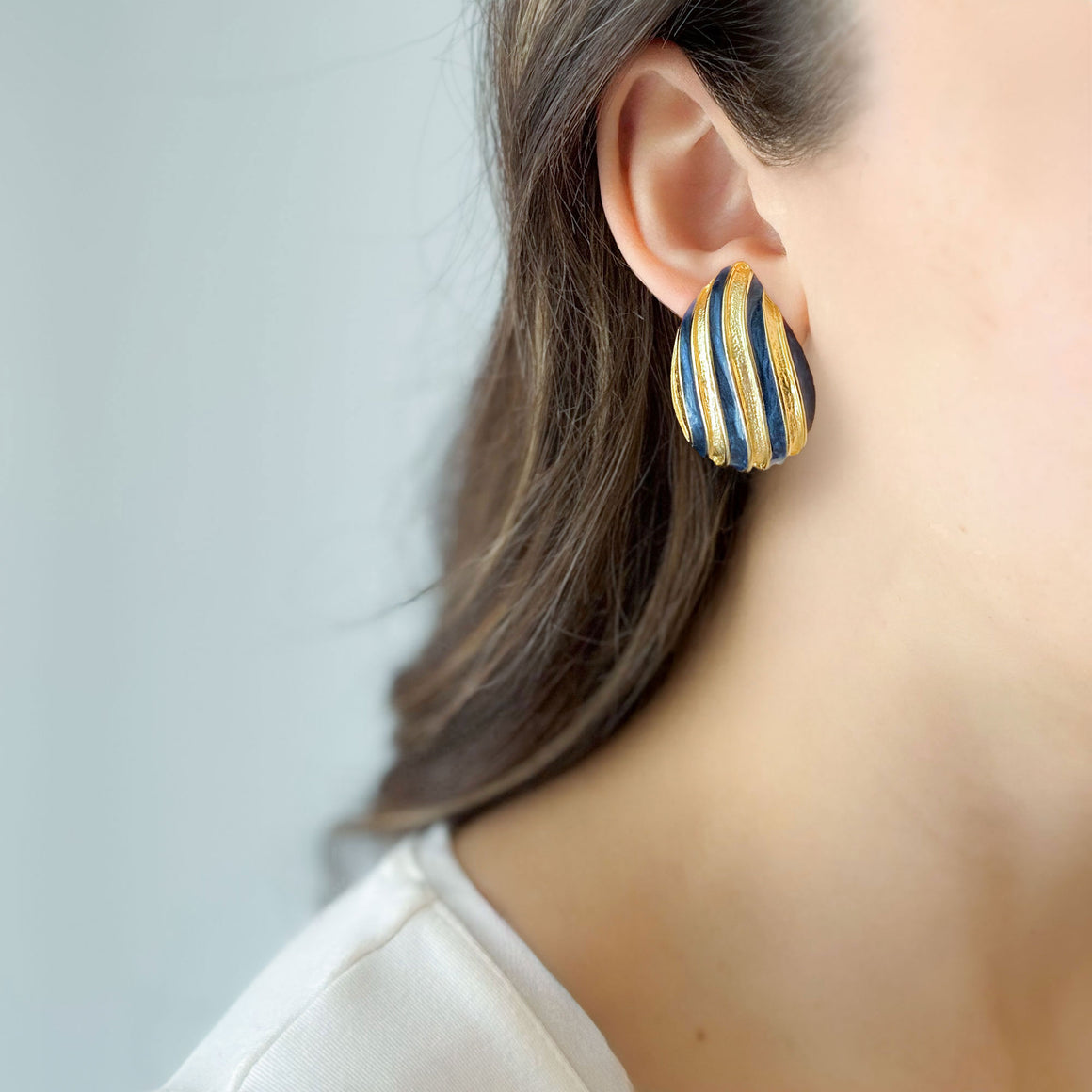 CAROLINE gold and navy striped teardrop clip on earrings-GREEN BIJOU