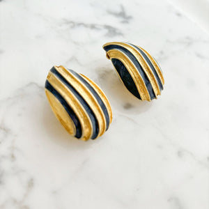 CAROLINE gold and navy striped teardrop clip on earrings - 