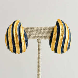 CAROLINE gold and navy striped teardrop clip on earrings - 
