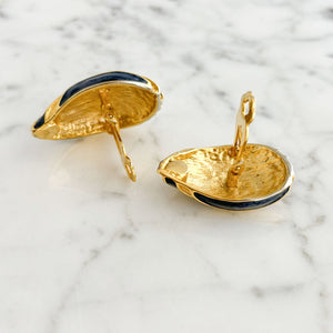 CAROLINE gold and navy striped teardrop clip on earrings - 