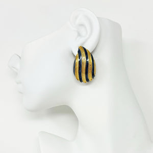 CAROLINE gold and navy striped teardrop clip on earrings - 