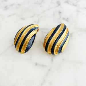 CAROLINE gold and navy striped teardrop clip on earrings - 