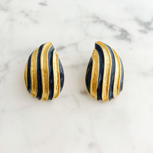 CAROLINE gold and navy striped teardrop clip on earrings-GREEN BIJOU
