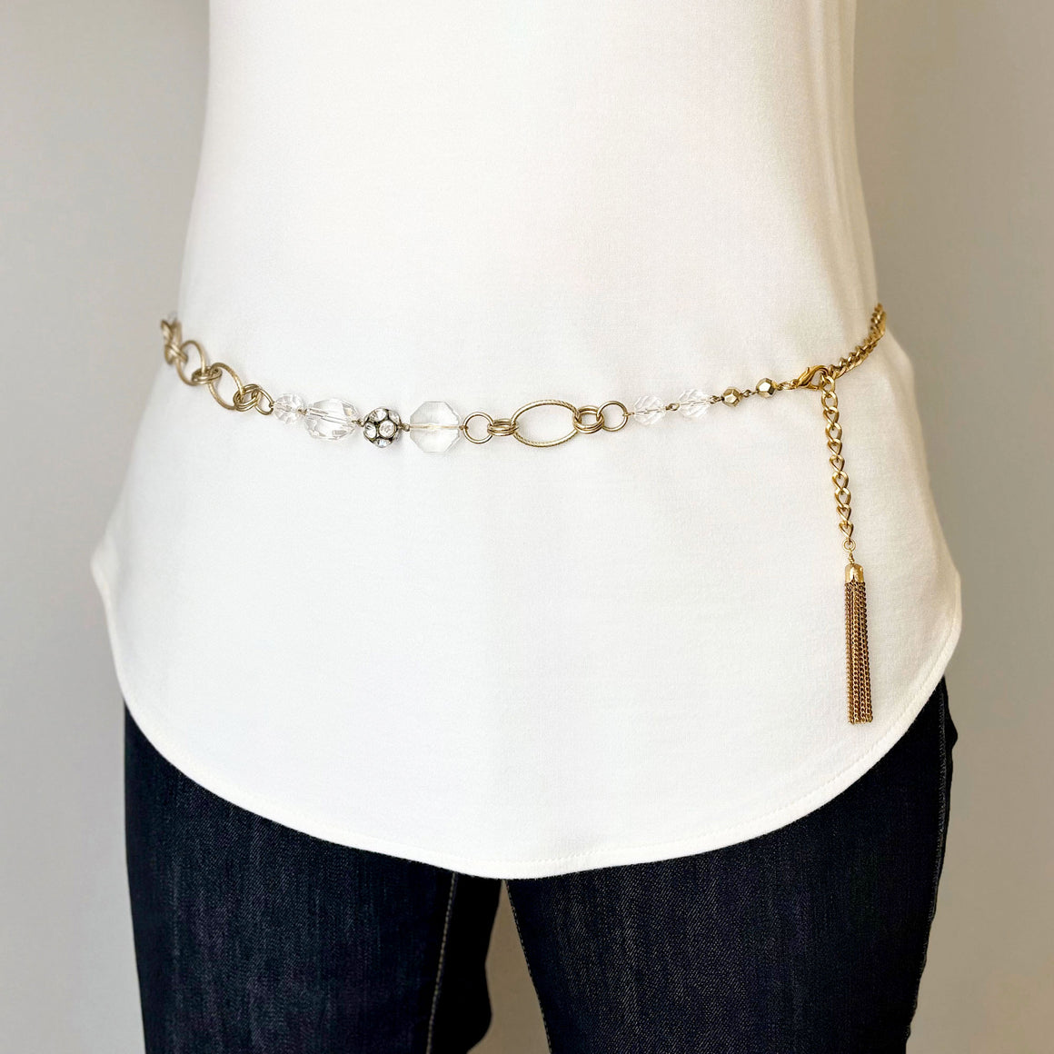 CATRIONA vintage crystal bead gold curb chain belt/necklace-GREEN BIJOU