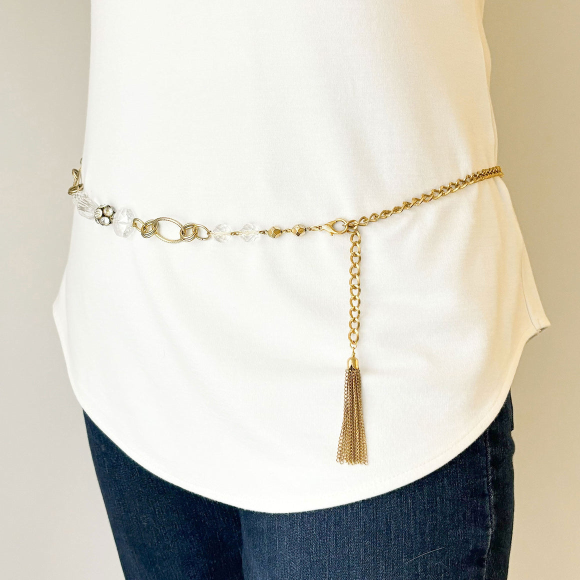 CATRIONA vintage crystal bead gold curb chain belt/necklace-GREEN BIJOU