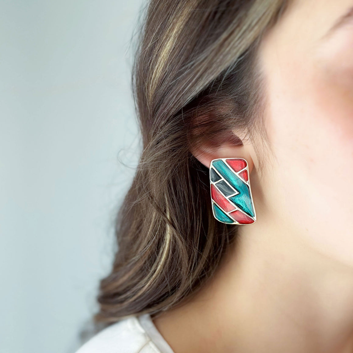 STANNUS 1980s black red green enamel rectangle clip earrings-GREEN BIJOU