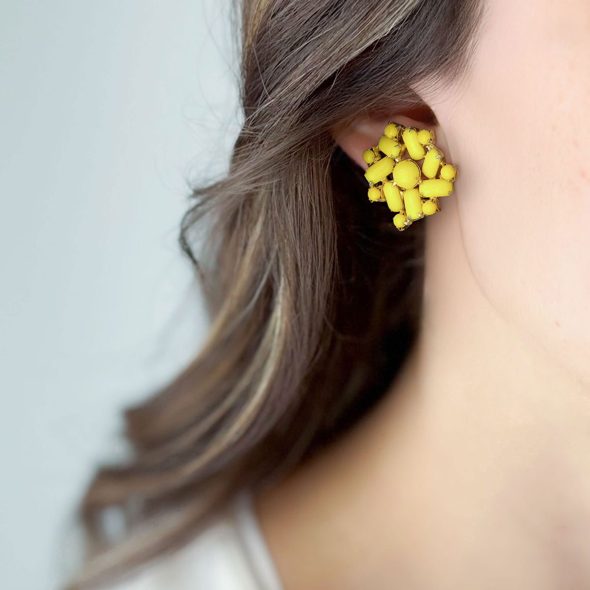 ABBY vintage yellow rhinestone statement clip earrings-GREEN BIJOU