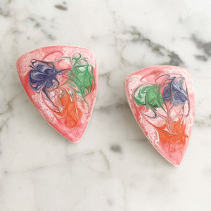 CELIA 1980s hand painted coral enamel triangle stud earrings-GREEN BIJOU