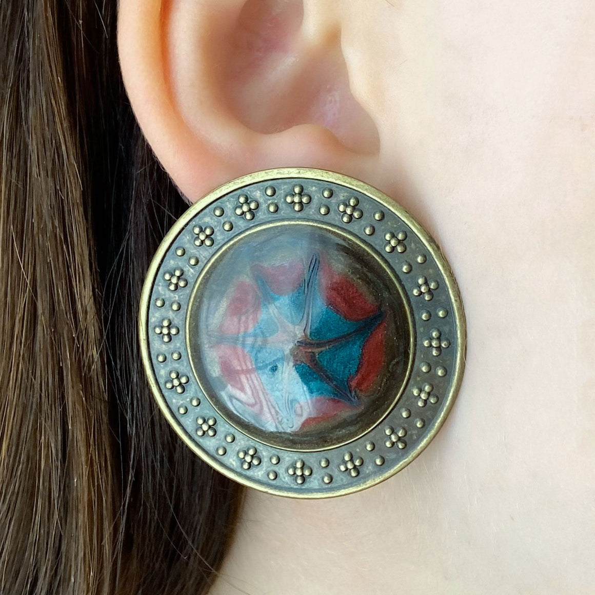 CELIA vintage enamel and oxidized bronze circle stud earrings-GREEN BIJOU