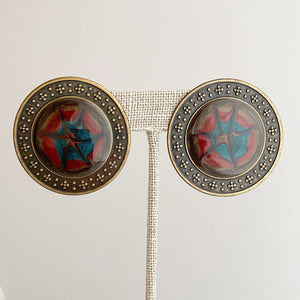 CELIA vintage enamel and oxidized bronze circle stud earrings - 