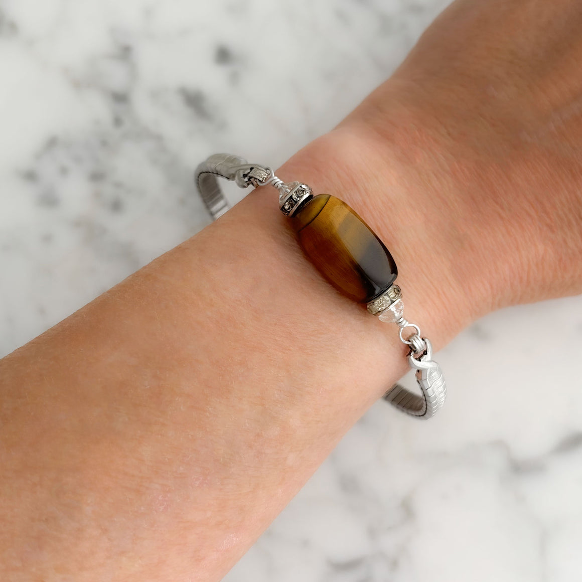 CHLOE vintage silver expansion watch band tiger eye bracelet-GREEN BIJOU