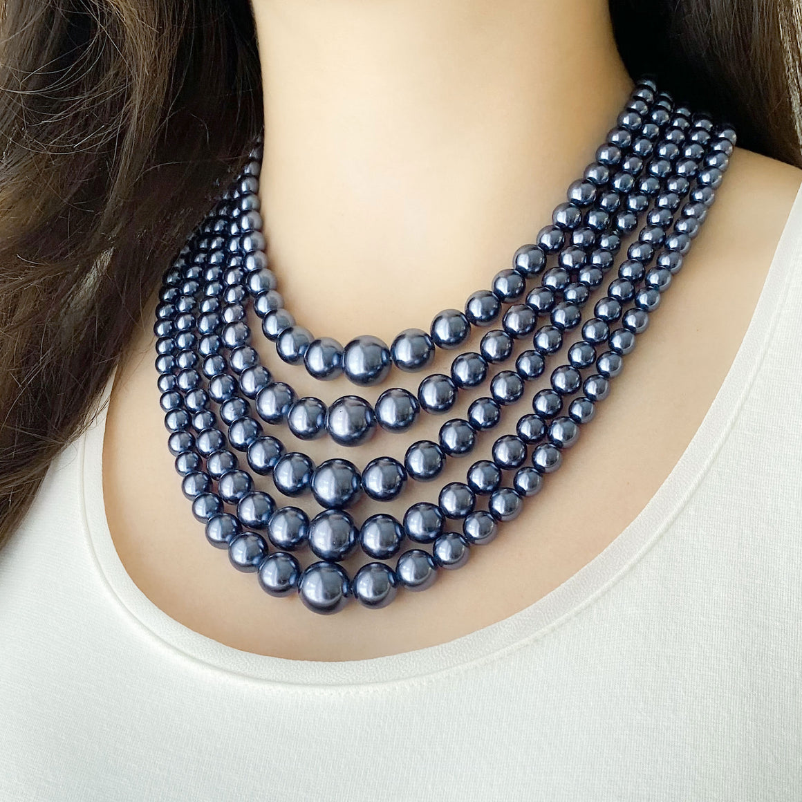 CLARISSE vintage 5 strand blue grey graduated bead necklace-GREEN BIJOU