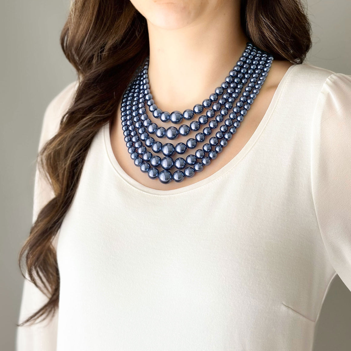 CLARISSE vintage 5 strand blue grey graduated bead necklace-GREEN BIJOU