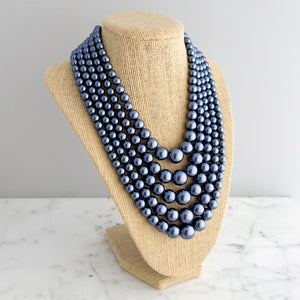 CLARISSE vintage 5 strand blue grey graduated bead necklace - 