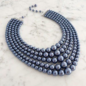 CLARISSE vintage 5 strand blue grey graduated bead necklace - 