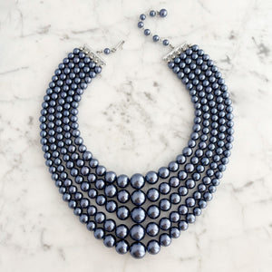 CLARISSE vintage 5 strand blue grey graduated bead necklace-GREEN BIJOU