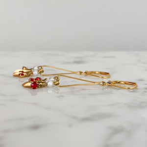 CLARK vintage red gold and seed pearl dainty dangle earrings - 