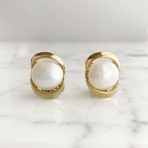 CLAYTON gold and pearl cab clip earrings-GREEN BIJOU