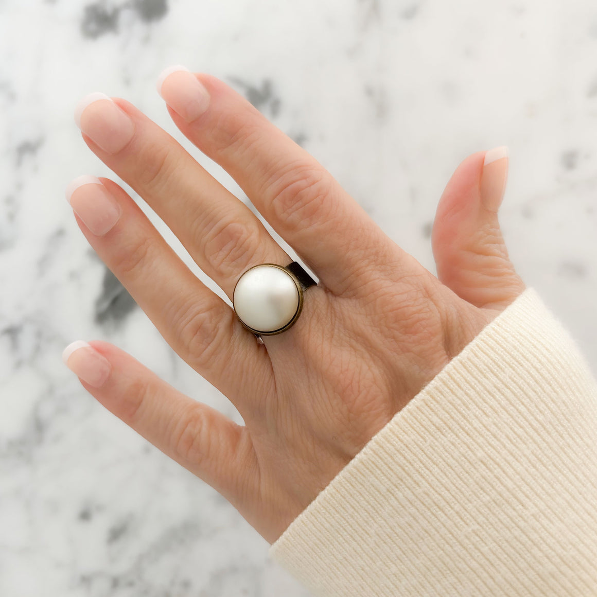 CLIFTON vintage bronze and cream pearl cabochon ring-GREEN BIJOU