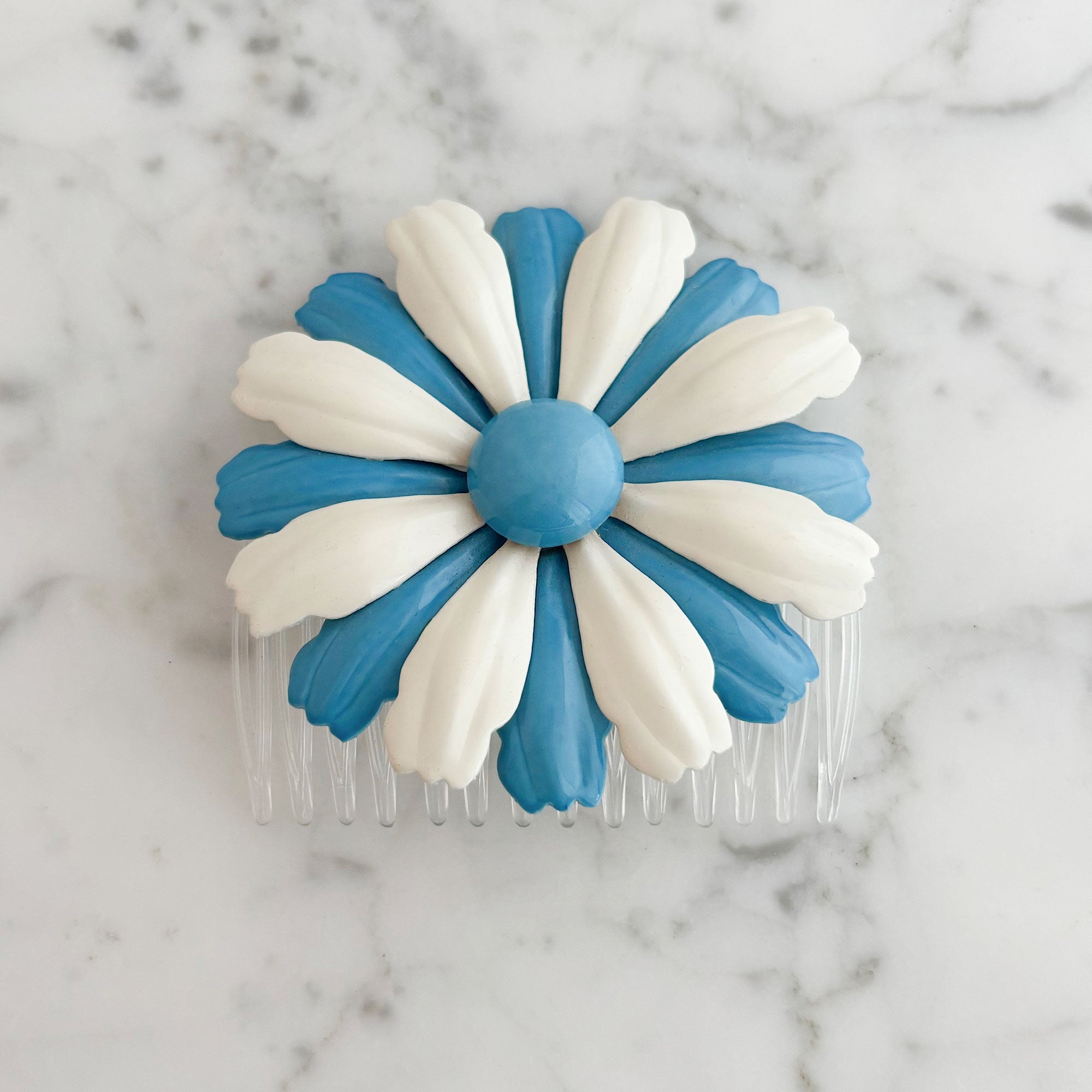 COLIN vintage blue and white enamel flower hair comb