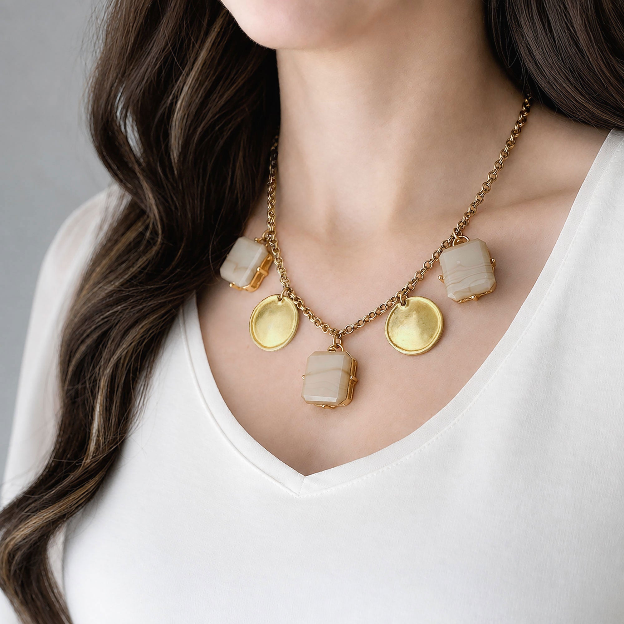 COLTON vintage gold discs and grey square pendants necklace-GREEN BIJOU
