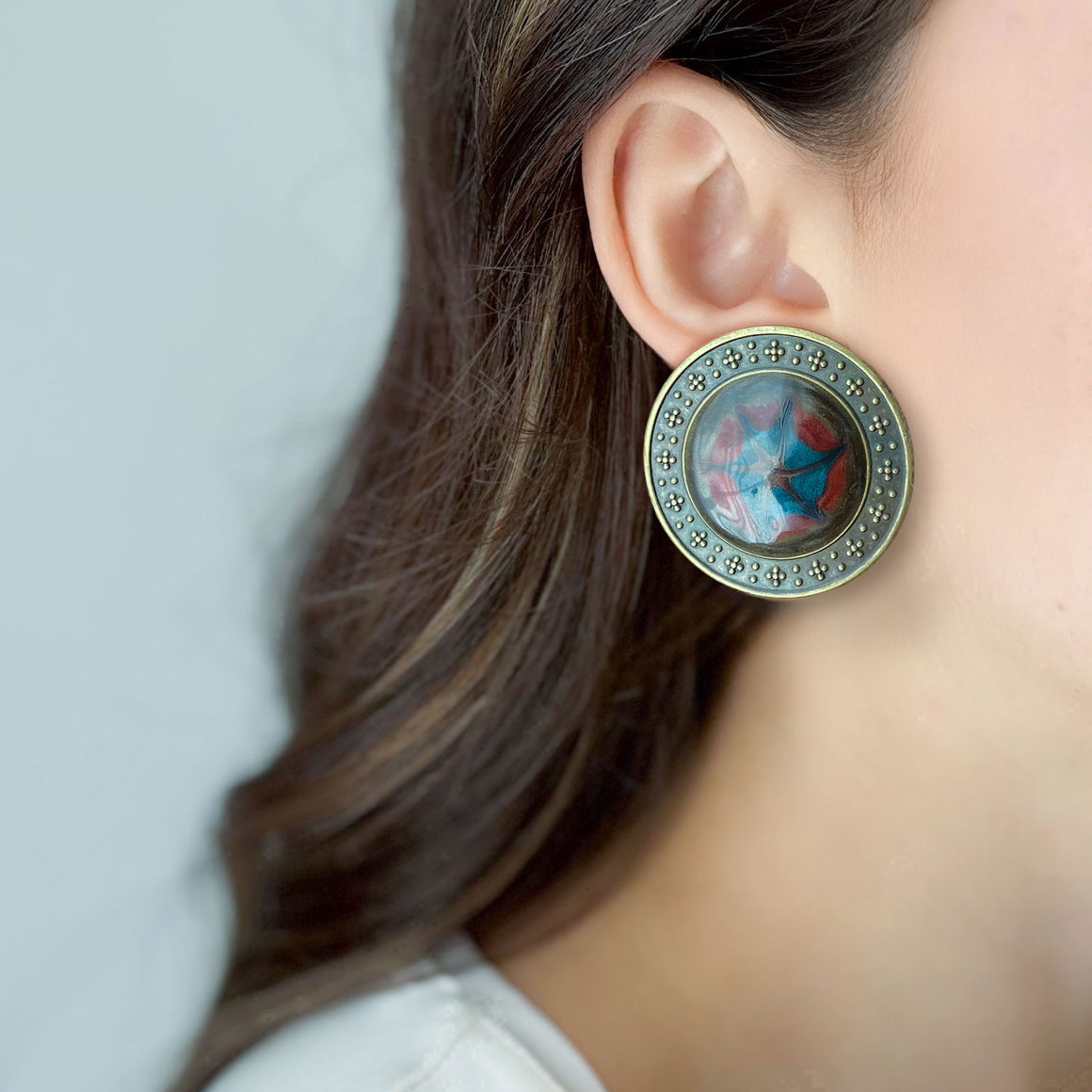 CONNIE vintage enamel and oxidized bronze circle stud earrings-GREEN BIJOU
