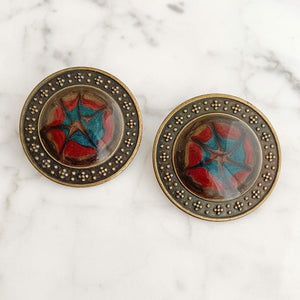 CONNIE vintage enamel and oxidized bronze circle stud earrings-GREEN BIJOU