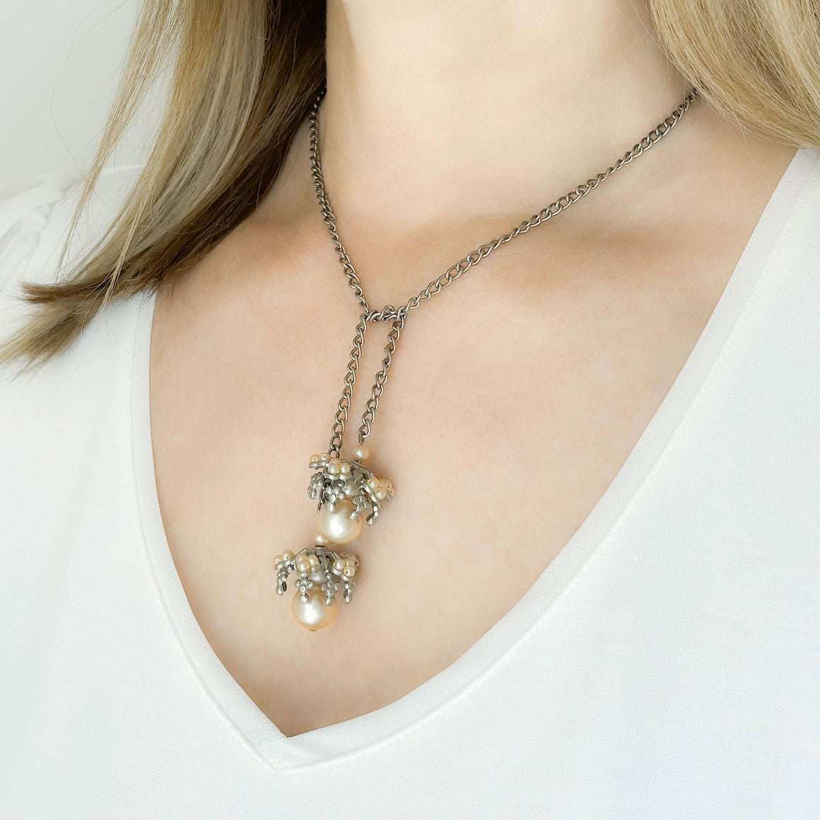 CONSTANCE vintage oxidized silver and pearl lariat necklace-GREEN BIJOU