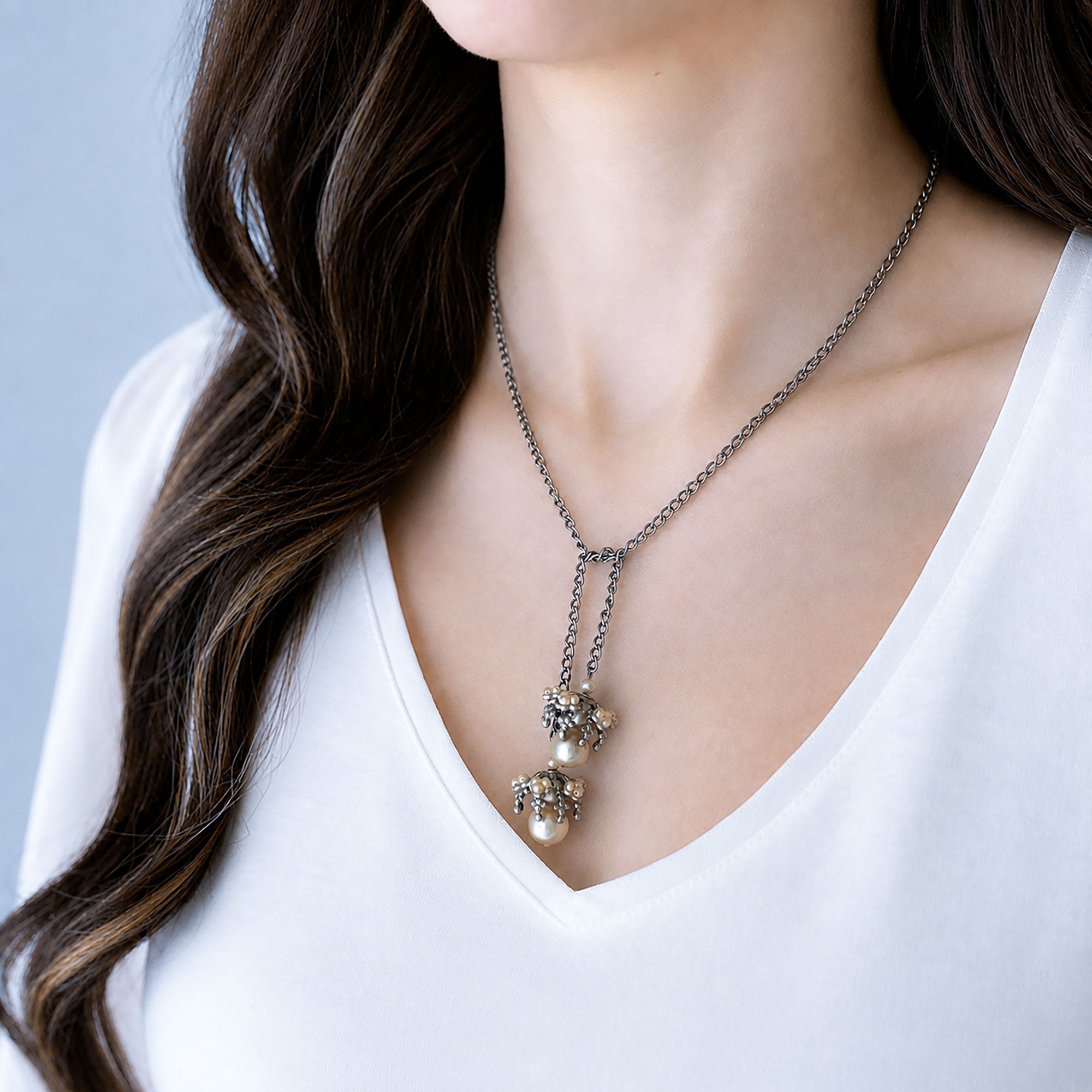 CONSTANCE vintage oxidized silver and pearl lariat necklace-GREEN BIJOU