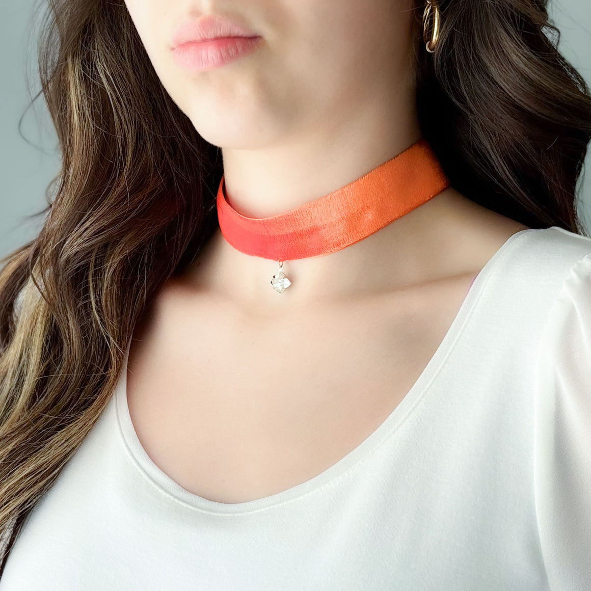 CORNELIA vintage rhinestone pendant on orange velvet choker-GREEN BIJOU