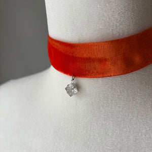 CORNELIA vintage rhinestone pendant on orange velvet choker - 
