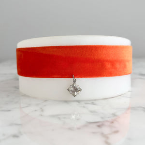 CORNELIA vintage rhinestone pendant on orange velvet choker - 