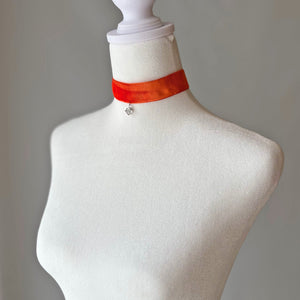 CORNELIA vintage rhinestone pendant on orange velvet choker - 