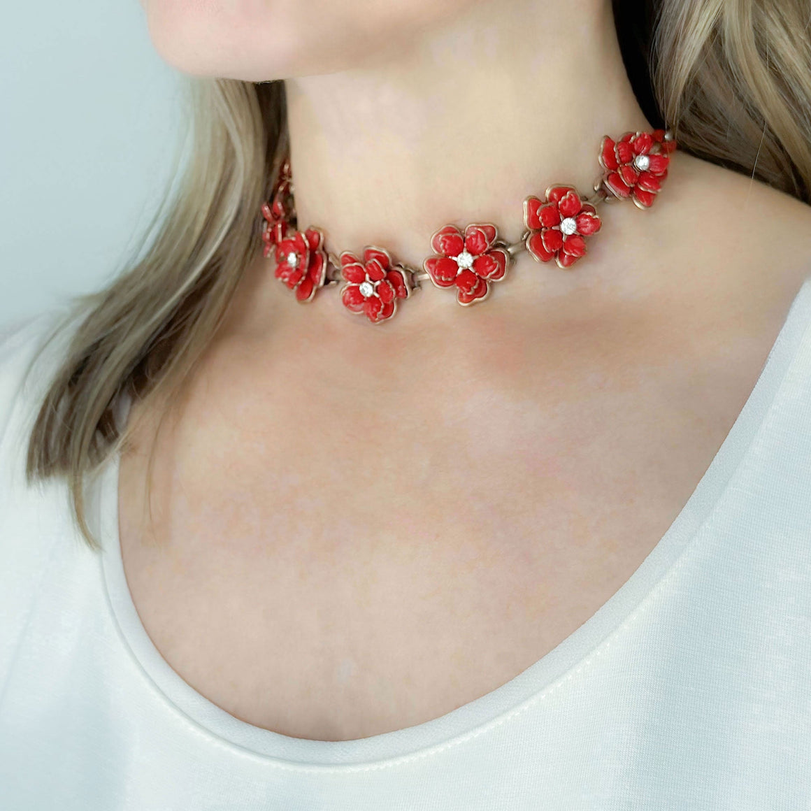 DAINA vintage tiered red flower chain choker necklace-GREEN BIJOU