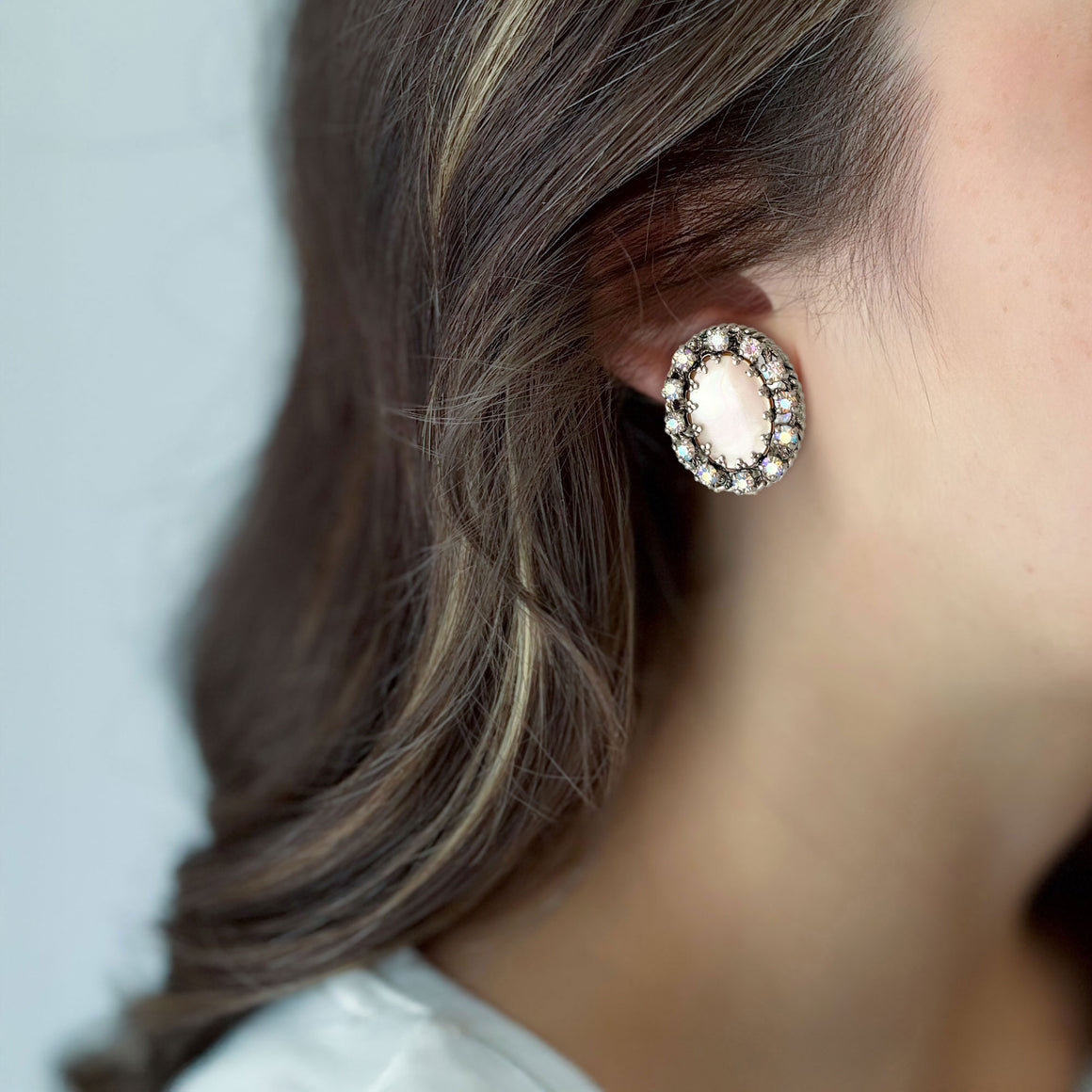 DARIUS silver and aurora borealis rhinestone clip earrings-GREEN BIJOU