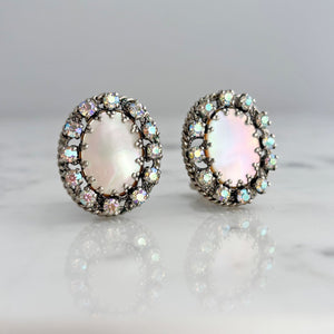 DARIUS silver and aurora borealis rhinestone clip earrings-GREEN BIJOU