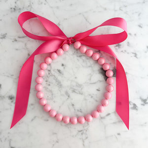 DELORES bright pink opalescent pearl ribbon tie necklace-GREEN BIJOU