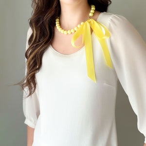 DELORES yellow opalescent pearl ribbon tie necklace - 