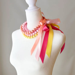 DELORES yellow opalescent pearl ribbon tie necklace - 